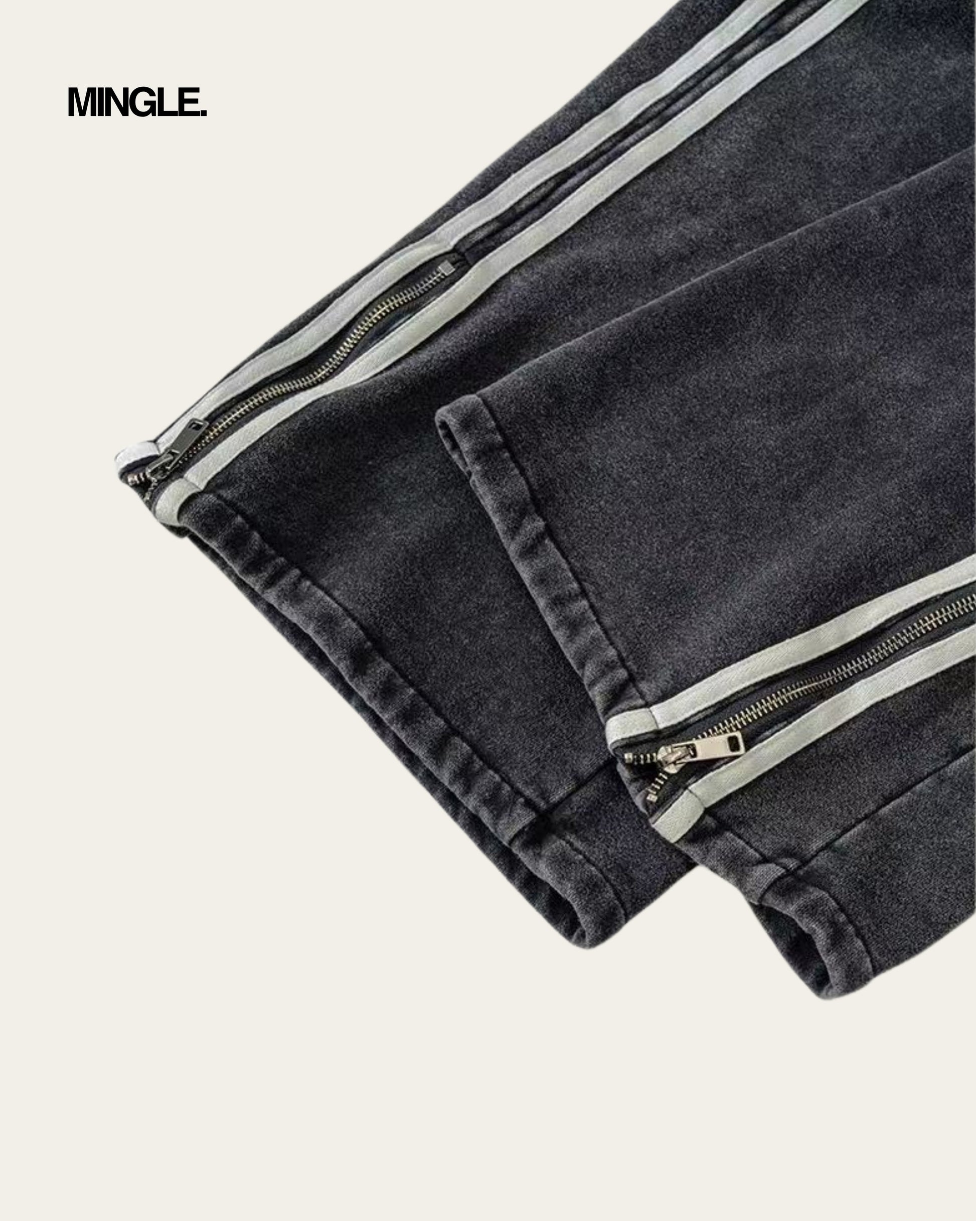 WASHED BATIK WEBBING ZIPPER LONG PANTS